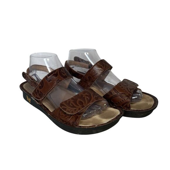 Alegria Verona Strappy Slingback Sandals Leather Embossed Brown Women 9 - Picture 1 of 8